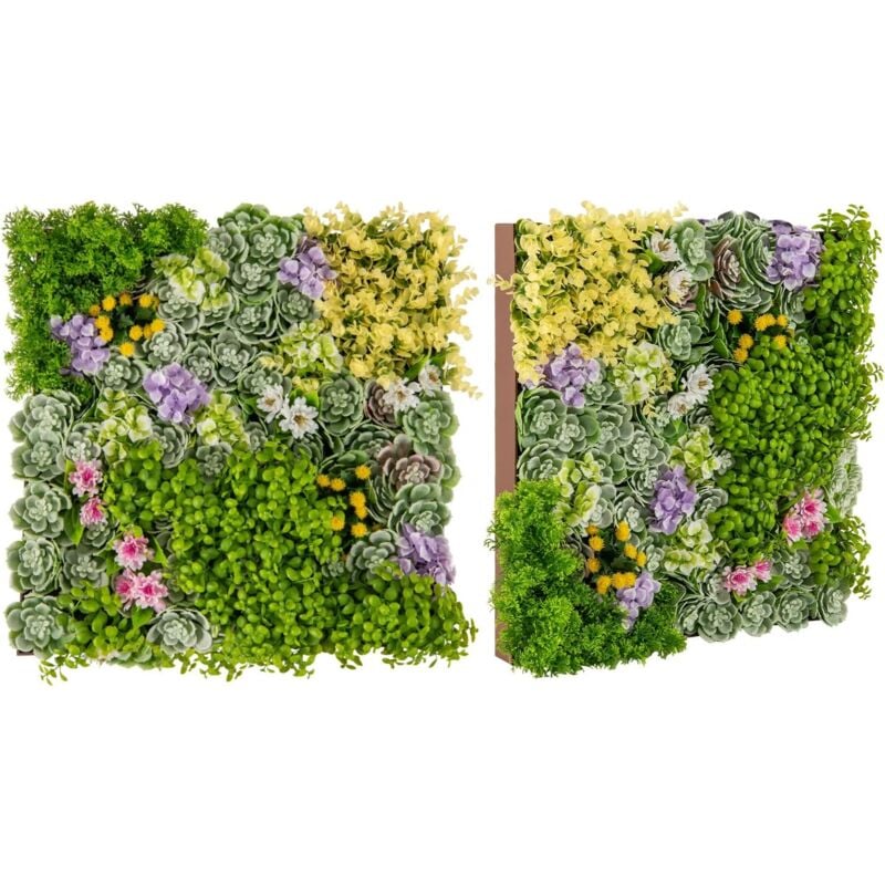Goplus - 2 Panneaux Muraux Artificiels à Suspendre, Décoration Murale 3D Encadrée Carrée, 10 Types de Plantes Artificielles, Toile de Fond Murale,