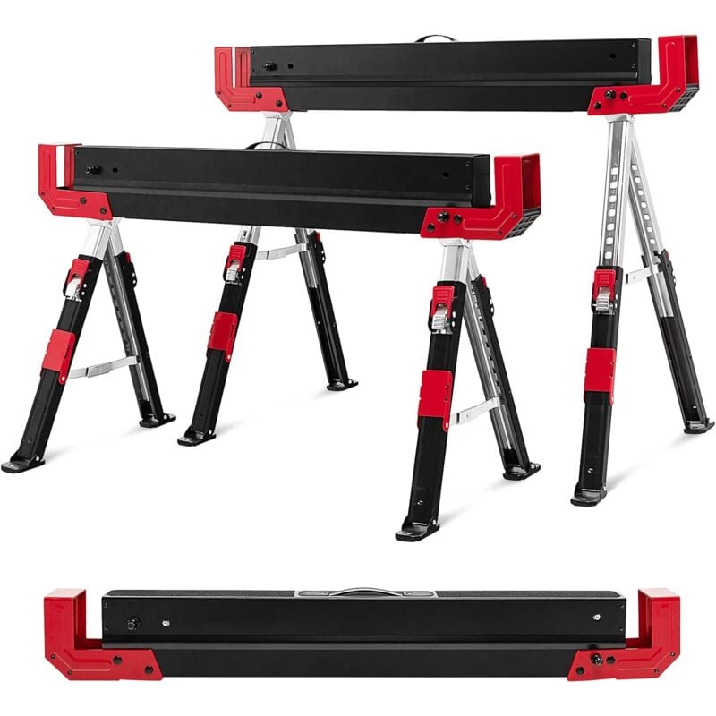 2 x Tréteaux, Chevalet de Sciage Portable en Acier, Réglage en Hauteur, Surface Antidérapante, Charge de 1180 kg Rouge - Goplus