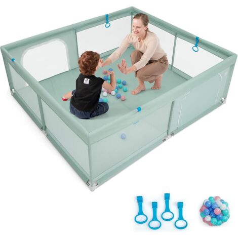 GOPLUS 200 x 180 CM Recinto da Gioco per Bambini, Box per Bambini con Rete Traspirante, 50 Palline dell'Oceano e Anelli, Centro Attività con Borsa di Stoccaggio per 0-3 Anni, Blu/Verde/Grigio (Verde)