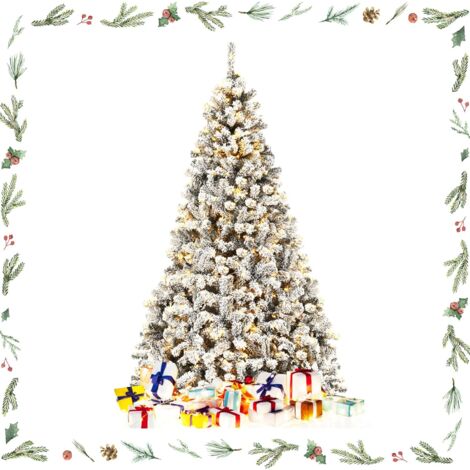 GOPLUS 225CM Sapin de Noël avec 450 Lumières LED,Effet de Neige Réaliste Floqué,1010 Branches avec Ouverture Automatique,Base en Fer