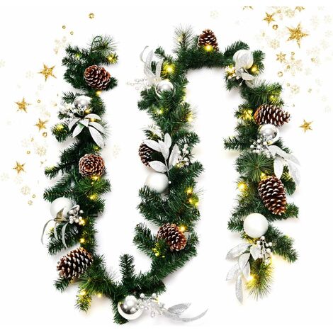 GOPLUS 270CM Guirlande de Noel Artificielle avec LED et Decorations Escaliers Cheminee Realiste avec Aiguilles et Pommes de Pin et Decorations Assorties, Guirlande de Noel Decorative (Baies de Houx)