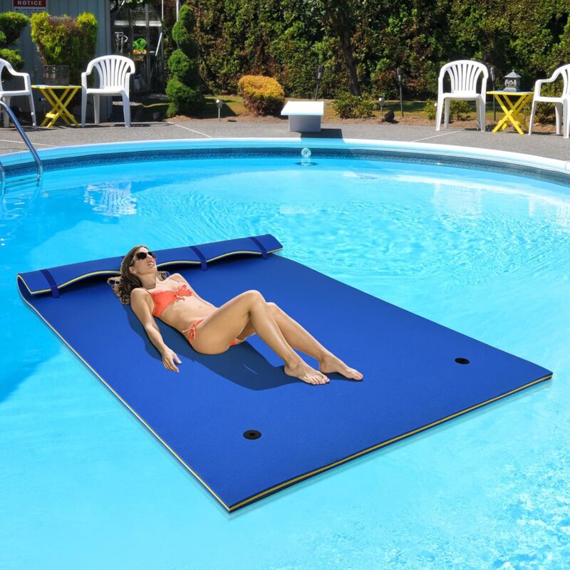 GOPLUS 270X180CM Tapis Flottant de Piscine en Mousse XPE Resistant, Bouee Flottant pour 3-5 Personnes et 3 Couches, Charge Max 300KG,Convient pour