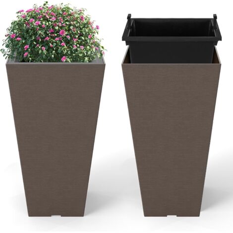 GOPLUS 2PCS Pot de Fleur Exterieur Carrés, Cache Pot Plante Interieur en Plastique Auto-Arrosants avec Trous de Drainage et Godet Amovible, Jardinière Décoratif pour Porche, Jardin (30x30x75cm)