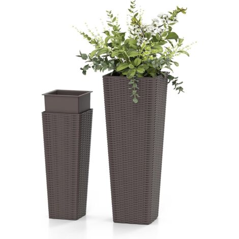 GOPLUS 2PCS Pot de Fleur Exterieur Carrés, Cache Pot Plante Interieur en Plastique Auto-Arrosants avec Trous de Drainage et Godet Amovible, Jardinière Décoratif pour Porche, Jardin et Véranda (Café)
