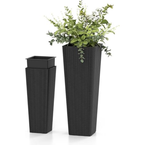 GOPLUS 2PCS Pot de Fleur Exterieur Carrés, Cache Pot Plante Interieur en Plastique Auto-Arrosants avec Trous de Drainage et Godet Amovible, Jardinière Décoratif pour Porche, Jardin et Véranda (Noir)