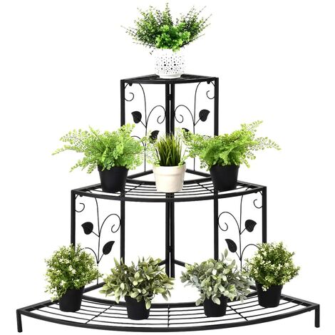 GOPLUS 3 Ebenen Metall Pflanzenständer, Blumentreppe Outdoor, Blumenregal Pflanzentreppe für Garten Balkon, 107 x 76 x 86cm