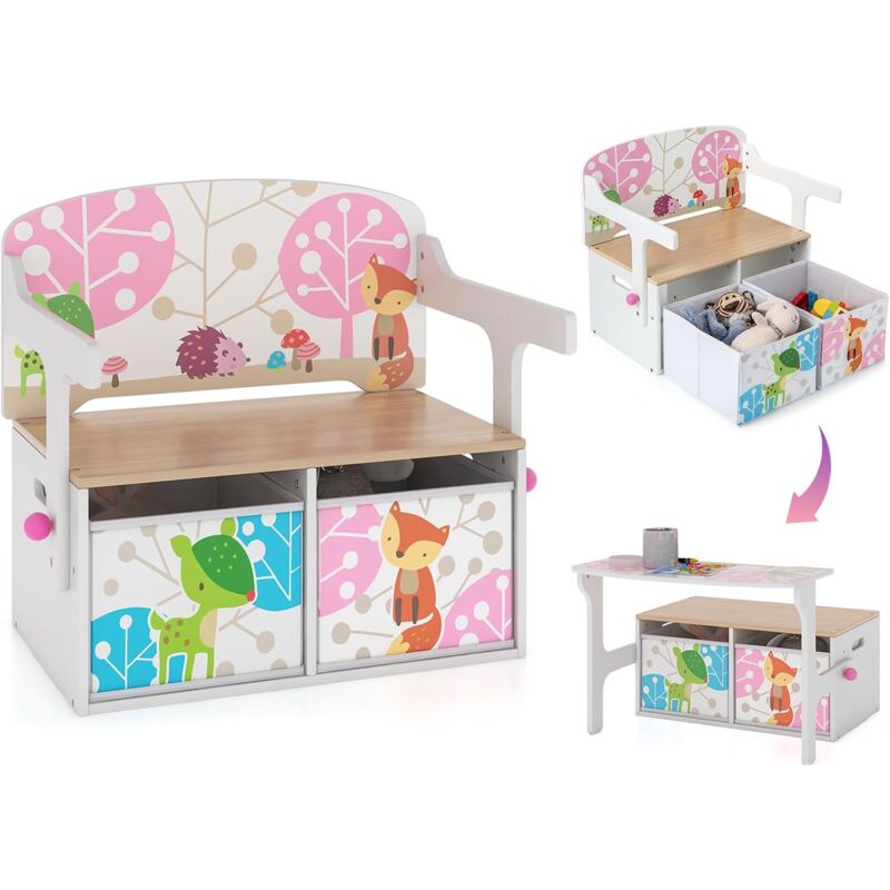 Goplus - 3-en-1 Ensemble Table et Chaise Enfant Convertible-Coffre de Rangement avec 2 Bacs en Tissu Amovibles Charge 60/10KG Blanc