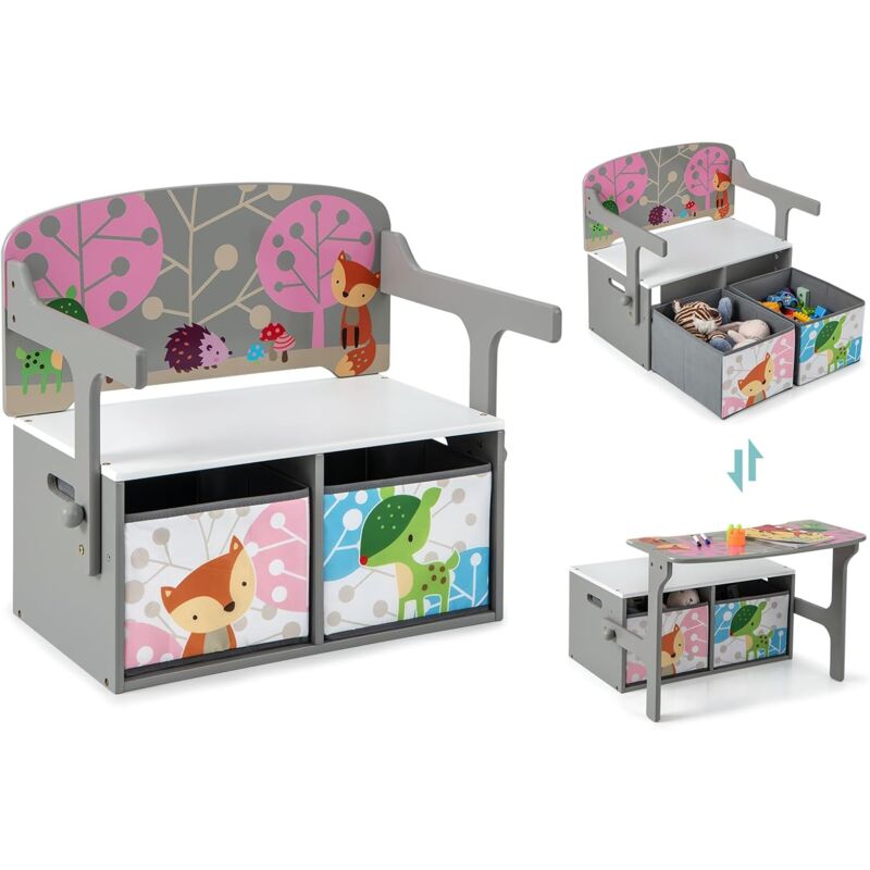 Goplus - 3-en-1 Ensemble Table et Chaise Enfant Convertible-Coffre de Rangement avec 2 Bacs en Tissu Amovibles Charge 60/10KG Gris