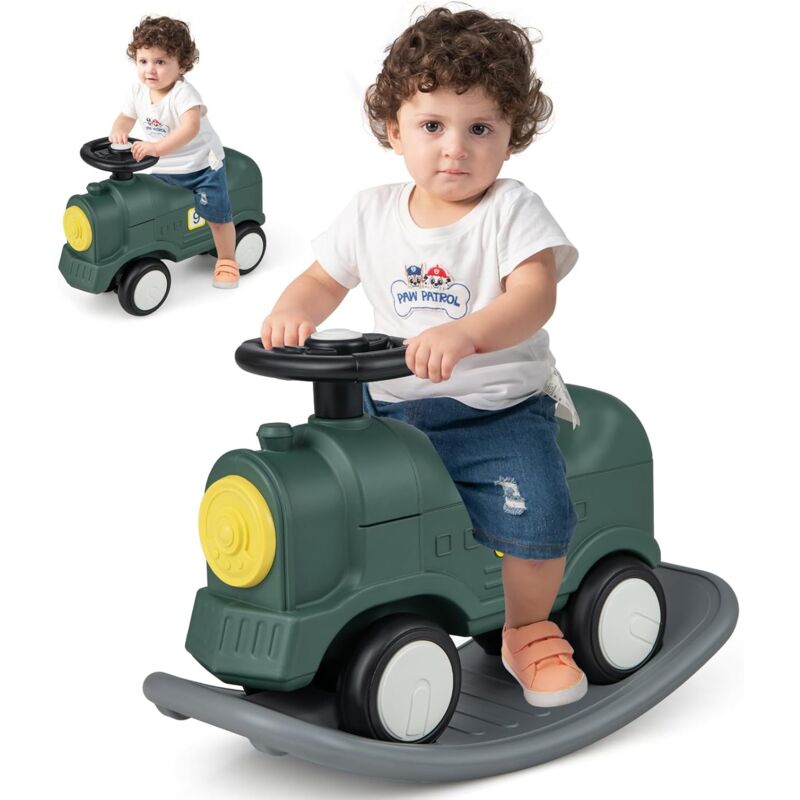 3 en 1 Cheval à Bascule Enfant Convertible avec Porteur Planche Équilibre, Forme Train, pour Bébé 1,5-6 Ans - Goplus