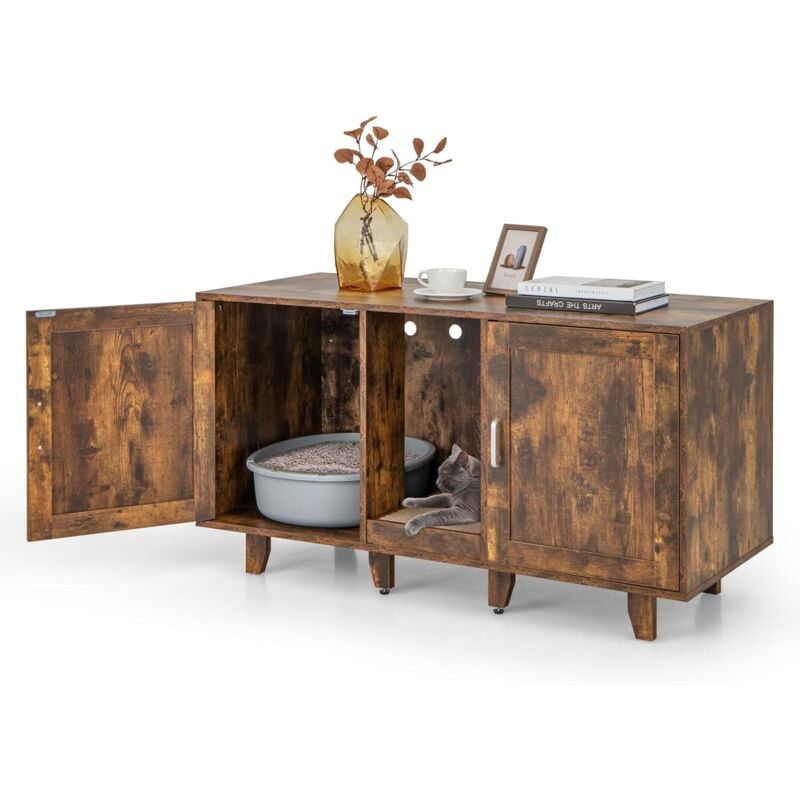 GOPLUS 3 en 1 Maison de Toilette pour Chat à 2 Portes avec Pieds Amovibles et Planche à Griffer Détachable, Style Industriel