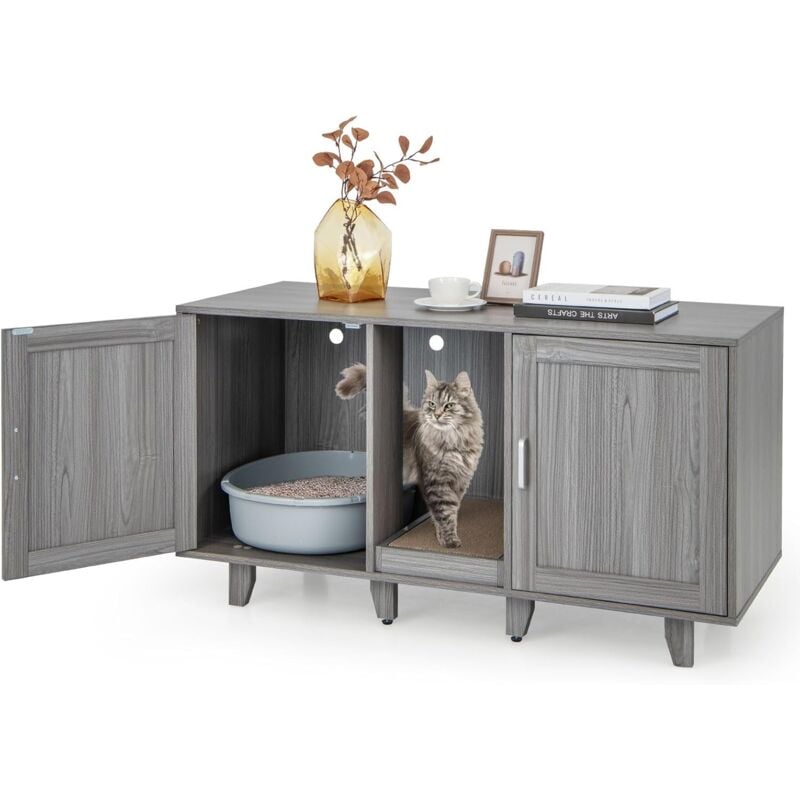 3 en 1 Maison de Toilette pour Chat, Meuble pour Chat à 2 Portes avec Pieds Amovibles et Planche à Griffer Détachable, Maison Intérieure pour 2 Chat