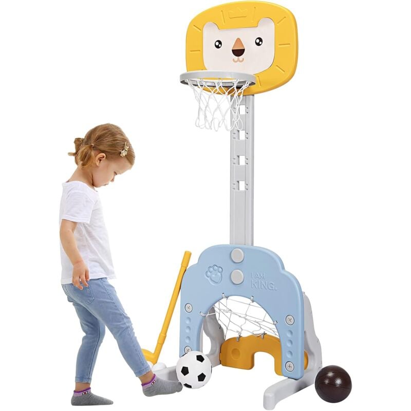 GOPLUS 3 en 1 Panier de Basket Enfant,Panneau de Basket Intérieur Hockey, Golf,Football, 5 Niveaux de Hauteur Ajustable, Jeux de Basket pour Enfants,