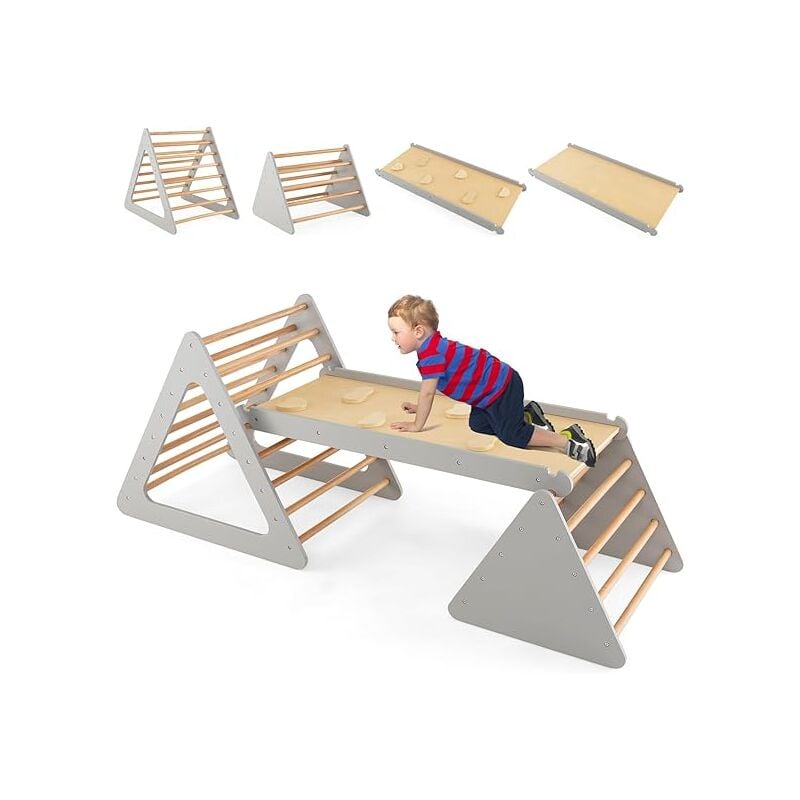 Goplus - 3 en 1 Toboggan d'escalade Montessori pour Enfants, 2 Triangle d'Escalade avec Toboggan pour Enfant 3 Ans+,Charge 60 kg, Gris