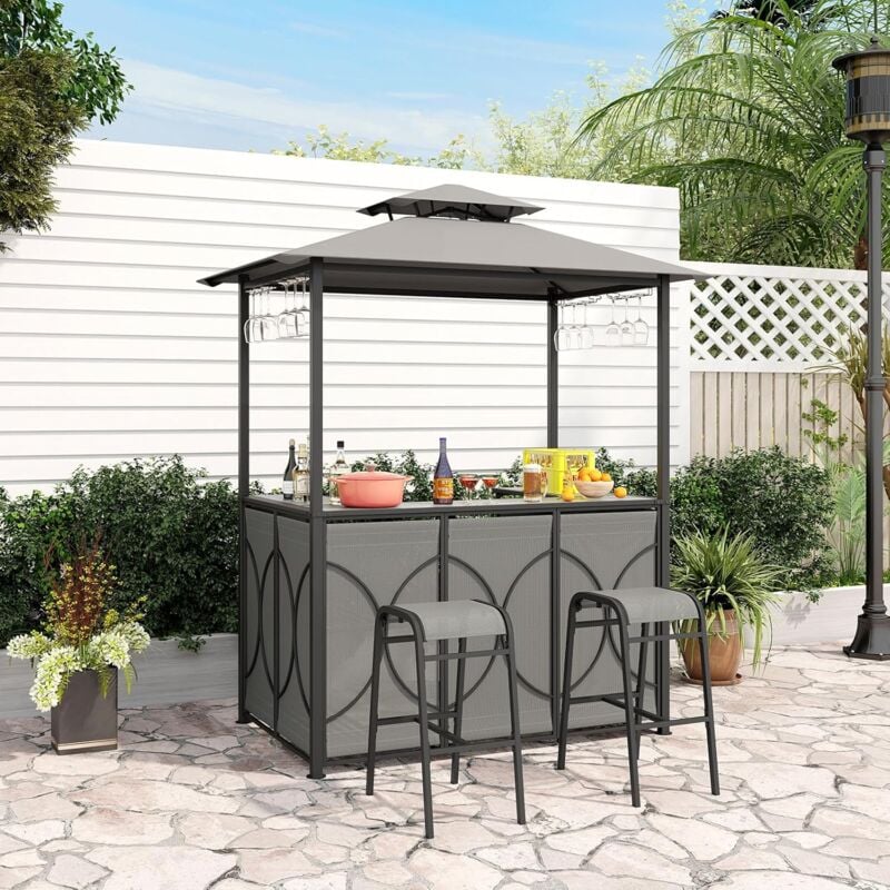 3 Pcs Abri Barbecue avec Bar d'Extérieur,Table de Bar en Verre Trempé, 2 Tabourets, Porte-Verres, Abri de Grill à Double Toit pour Jardin, Piscine,