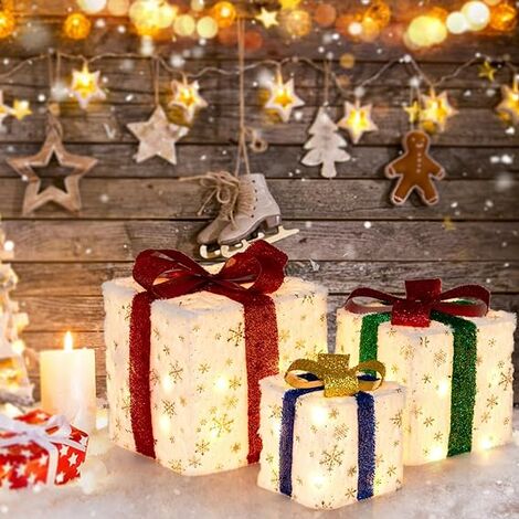 GOPLUS 3 PCs Boîtes-Cadeaux Lumineuses Noël sous Sapin de Noel, Lumineux 48 lumières Vives Décoration Noël Intérieur Extérieur pour Jardin, Maison et Fête Cubes 15/20/25CM
