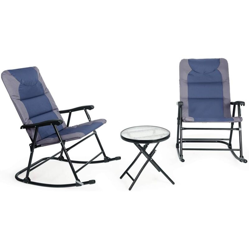 3 Pcs Ensemble de Fauteuil à Bascule et Table Basse Pliante, 2 Chaise Berçante avec 1 Table Ronde en Verre Trempé, Bleu - Goplus