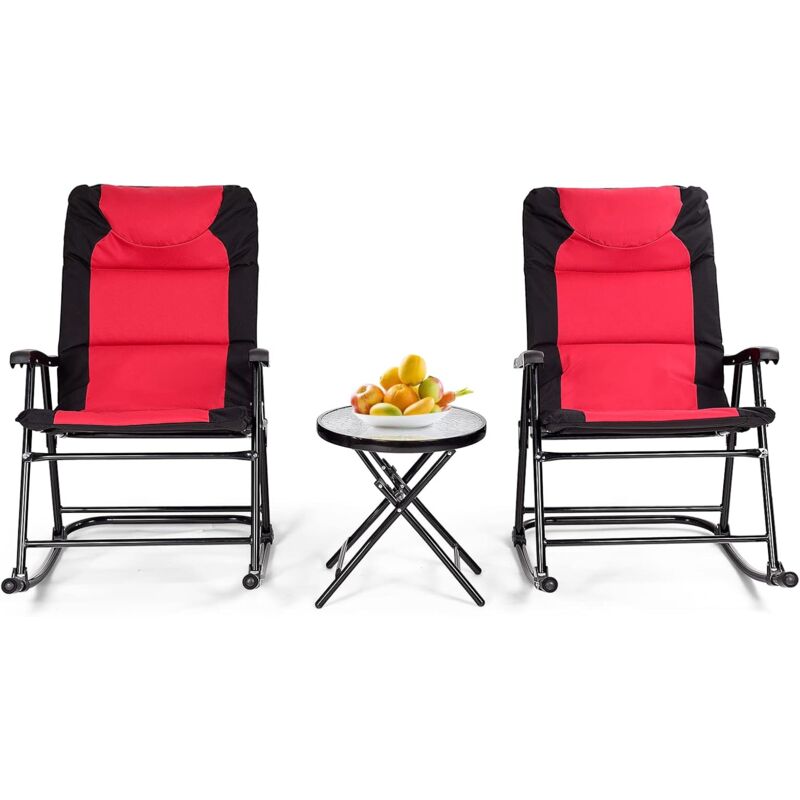3 Pcs Ensemble de Fauteuil à Bascule et Table Basse Pliante, 2 Chaise Berçante avec 1 Table Ronde en Verre Trempé, Rouge - Goplus
