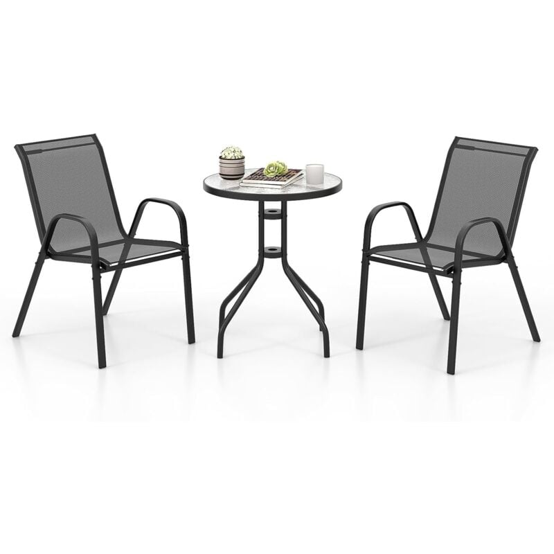 Ensemble Bistrot de Jardin 3 Pièces, Ensemble Salon de Jardin 1 Table 2 Chaises d'Extérieur, Table Ronde en Verre Trempé et Fauteuils pour Jardin,