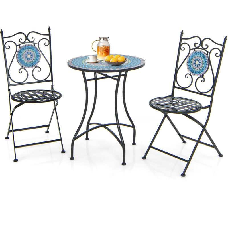 Goplus - 3 Pcs Salon de Jardin Mosaïque-2 Chaises Pliantes et 1 Table Rond-Design Vinage Style Lisbonne en Fer-Charge 50/150kg Fleur