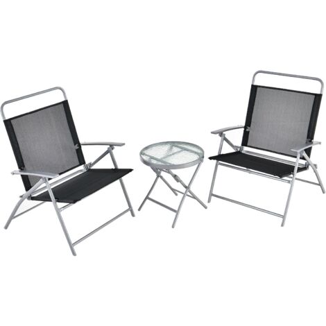 GOPLUS 3 PCs Salon de Jardin Pliable-2 Chaises en Textilène&1 Table Basse en Verre Trempé-Cadre Métallique-pour Jardin/Terrasse Noir