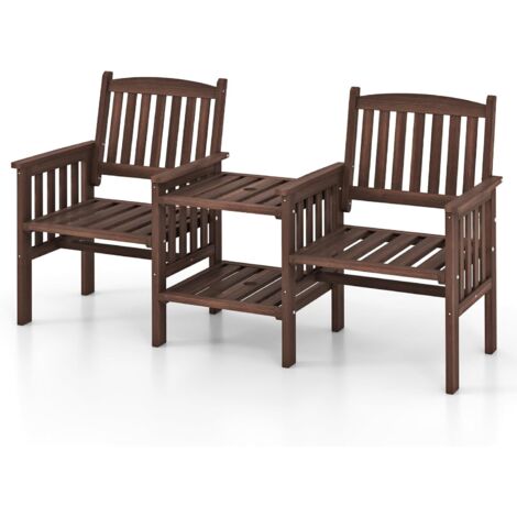GOPLUS 3 Pièces Salon de Jardin Exterieur 2 Personnes en Bois de Pin avec 2 Fauteuils et 1 Table, Chaises Banc de Balcon avec Trou Parasol pour Terrasse, Patio, Salon, Balcon (165x60x88CM,Marron)