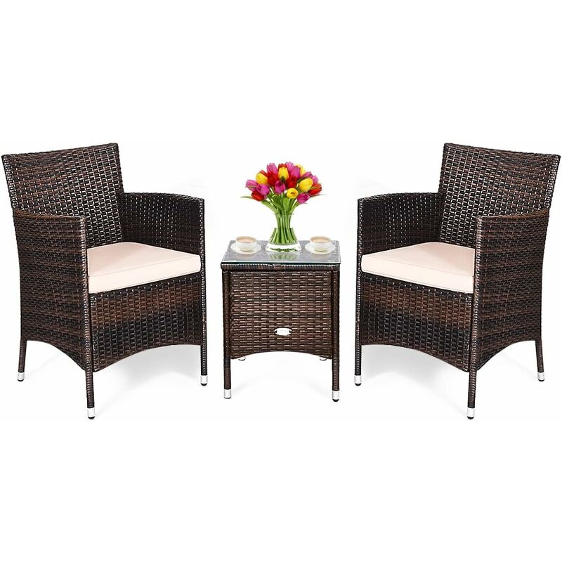 3-Teiliges Balkonmoebel Set aus PE-Rattan, Gartengarnitur mit Abnehmbarem Waschbarem Kissen, Couchtisch mit Tischplatte aus Glas, Rattanmoebel Lounge