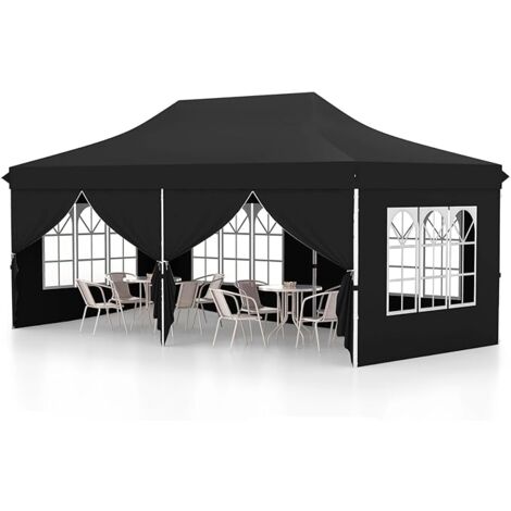 GOPLUS 3 x 6 M Gazebo Pieghevole, Gazebo Esterno Resistente con 6 Parti Laterali Rimovibile, Tenda in Tessuto Oxford Impermeabile con Borsa, per Giardino, Campeggio (Nero)