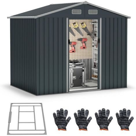 GOPLUS 3,66m² Abri de Jardin Métal Galvanisé avec Toit en Pente, Fondation, 7,17m³, Résistant aux Intempéries, 2 Porte Coulissante et 4 Vent Aération, Cabane de Jardin, Patio, 235 x 171 x 196 CM, Gris
