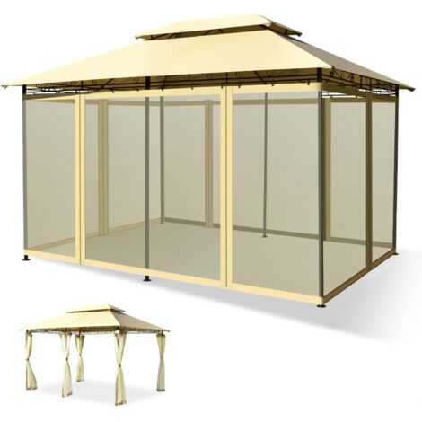 GOPLUS 3,9x2,9M Tonnelle de Reception,Chapiteau de Jardin avec Double Toit avec Moustiquaire Detachable et Armature Robuste, Gazebo pour Jardins pour Mariages, Barbecues, Pique-niques, Fetes (Beige)
