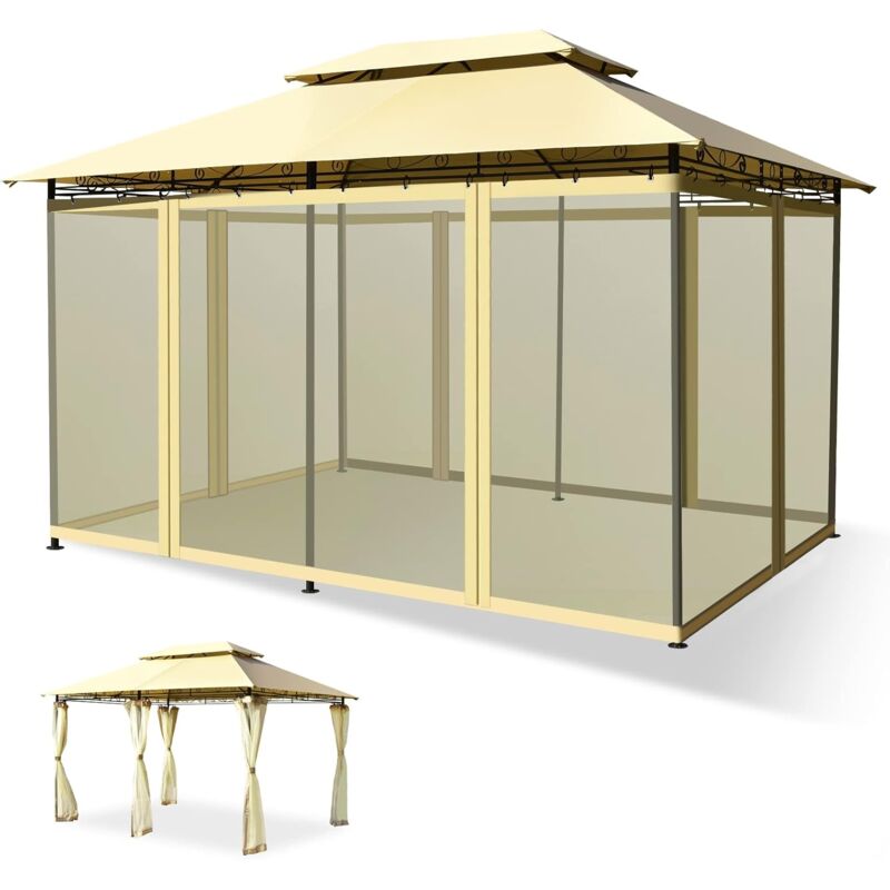3,9x2,9M Tonnelle de Reception,Chapiteau de Jardin avec Double Toit avec Moustiquaire Detachable et Armature Robuste, Gazebo pour Jardins pour
