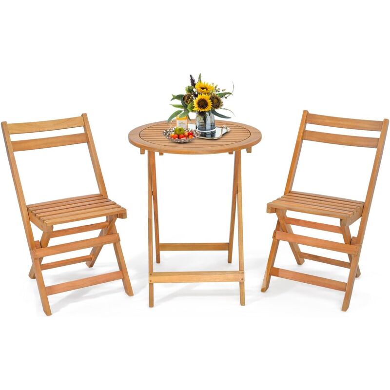 3PCs Salon de Jardin Pliant-2 Chaises+1 Table en Bois d'Acacia-Table et Chaise d'Extérieur pour Jardin et Terrasse - Goplus