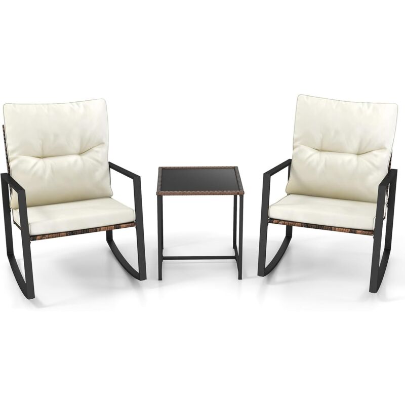 Goplus - 3Pcs Salon de Jardin 3 Personnes, Ensemble de 2 Chaises et de Table Basse en Verre Trempé, Salon de Bistrot avec Cadre Métallique, Coussins