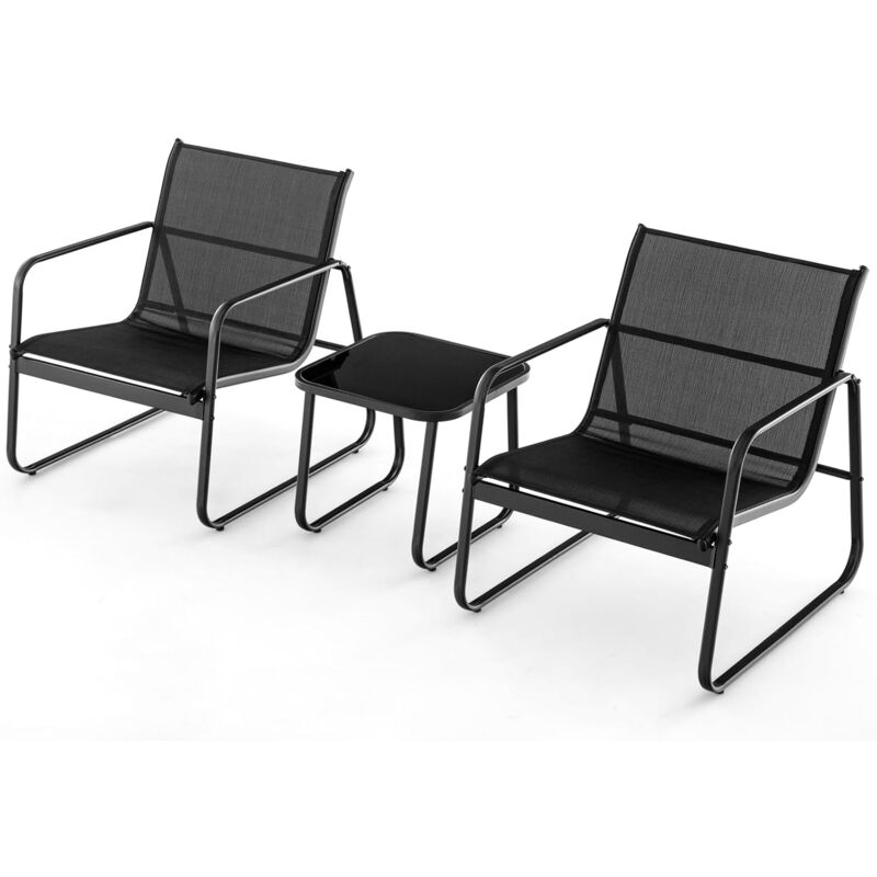 3Pcs Salon de Jardin 3 Personnes, Ensemble de 2 Chaises et de Table Basse en Verre Trempé, Salon de Bistrot avec Cadre Métallique, pour Jardin,