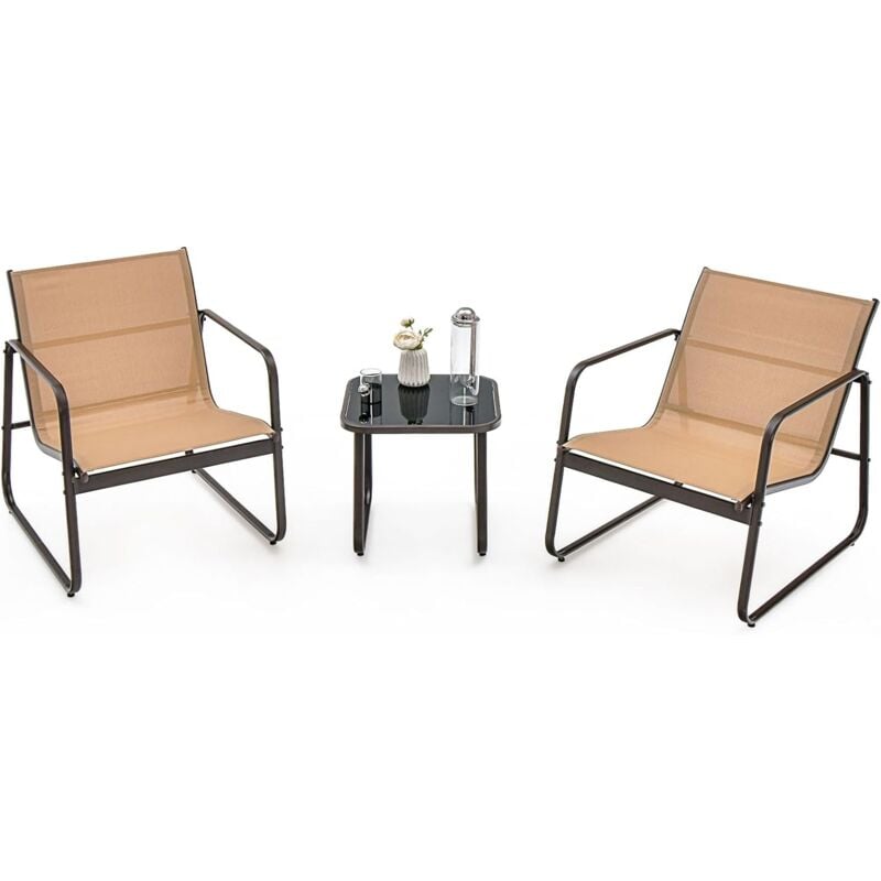 3Pcs Salon de Jardin 3 Personnes, Ensemble de 2 Chaises et de Table Basse en Verre Trempé, Salon de Bistrot avec Cadre Métallique, pour Jardin,