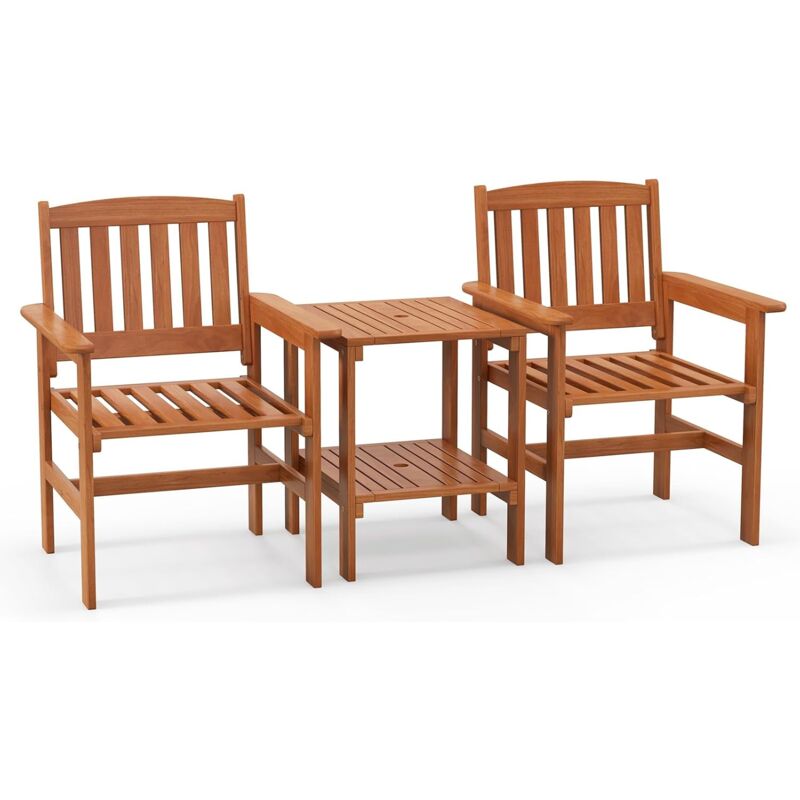 3PCS Salon de Jardin en Bois 2 Personnes, Chaise et Table de Patio avec Accoudoirs, Dossier, Rangement, Trou de Parasol, Ensemble de Bistrot 2 Places