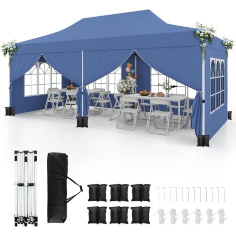 GOPLUS 3x6M Tonnelle Jardin Pliable, Hauteur Réglable, Entrées Zippées, Fenêtres, Sac de Transport, Sac Lesté Pavillon Portable Instantanée Pop-Up pour Fête,Mariage (Bleu6 Bâche, 3x6M)