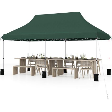 GOPLUS 3x6M Tonnelle Jardin Pliable, Hauteur Réglable, Entrées Zippées, Fenêtres, Sac de Transport, Sac Lesté Pavillon Portable Instantanée Pop-Up pour Fête,Mariage (Vertsans Bâche, 3x6M)