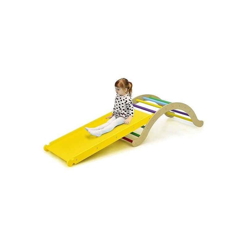 Goplus - 4 en 1 Jeux d'Escalade, Échelle Grimper Toboggan Ajustable en Bois, Cheval à Bascule avec Coussin Charge 60KG, Jaune