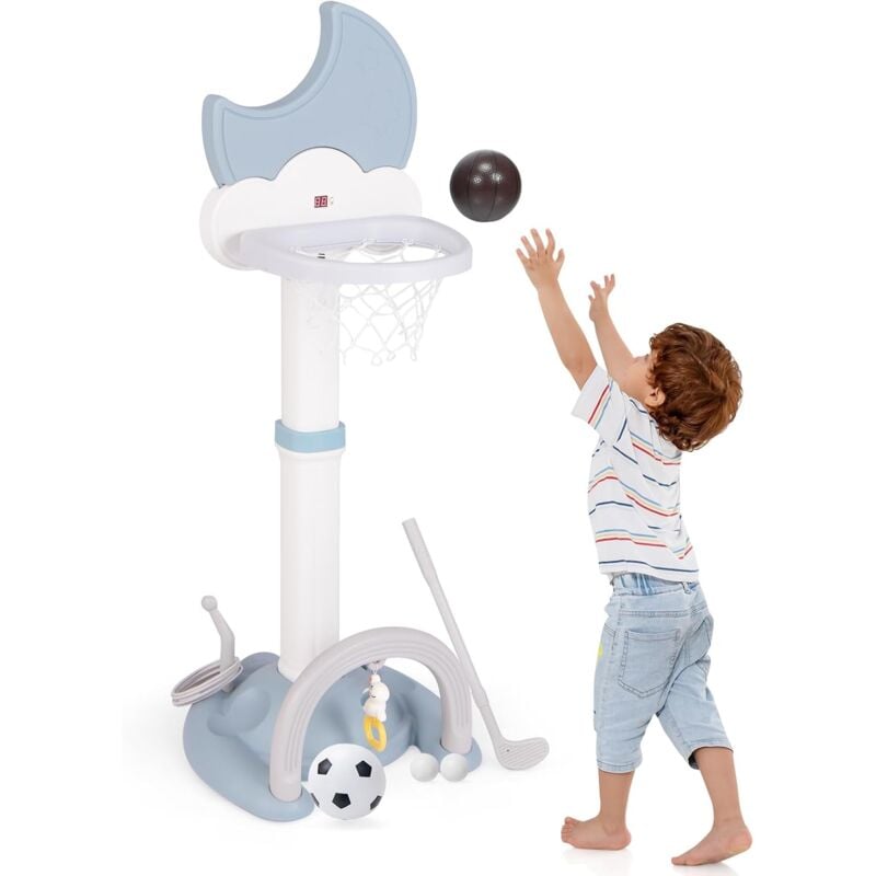 4 en 1 Panier de Basket Enfants Réglable 114-152 cm, Tableau de Score Electronique en Forme de Lune, Football, Jeu de Golf, Anneaux, pour Intérieur