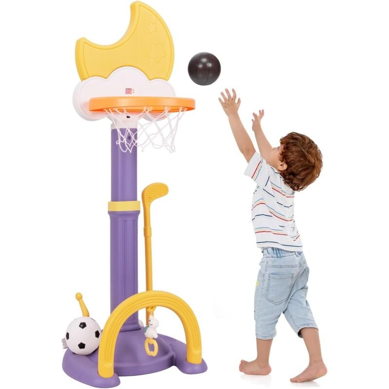 4 en 1 Panier de Basket Enfants Réglable 114-152 cm, Tableau de Score Electronique en Forme de Lune, Football, Jeu de Golf, Anneaux, pour Intérieur