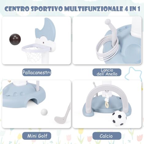 GOPLUS 4-in-1 Canestro da Basket per Bambini, con Pallacanestro, Calcio, Golf e Anello da Lancio, Centro Sportivo Regolabile con Tabellone Elettronico a Forma di Luna, per Interno ed Esterno (Blu)