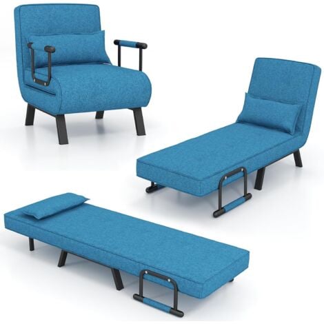 GOPLUS 4 in 1 Schlafsessel mit Bettfunktion, Schlafsofa mit 6-Fach verstellbare Rückenlehne & abnehmbarem Kissen & gepolstertem Sitz, Relaxsessel Sofabett klappbar für Zuhause, Büro, Blau