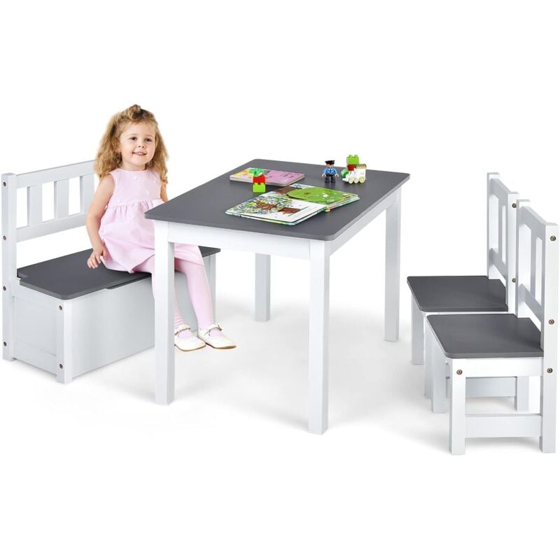 Goplus - 4 Pcs Ensemble de Table Et Chaises pour Enfant, 2 en 1 Ensemble De Table d'Activites pour Tout-Petits en Bois avec 2 Chaises Et 1 Banc De