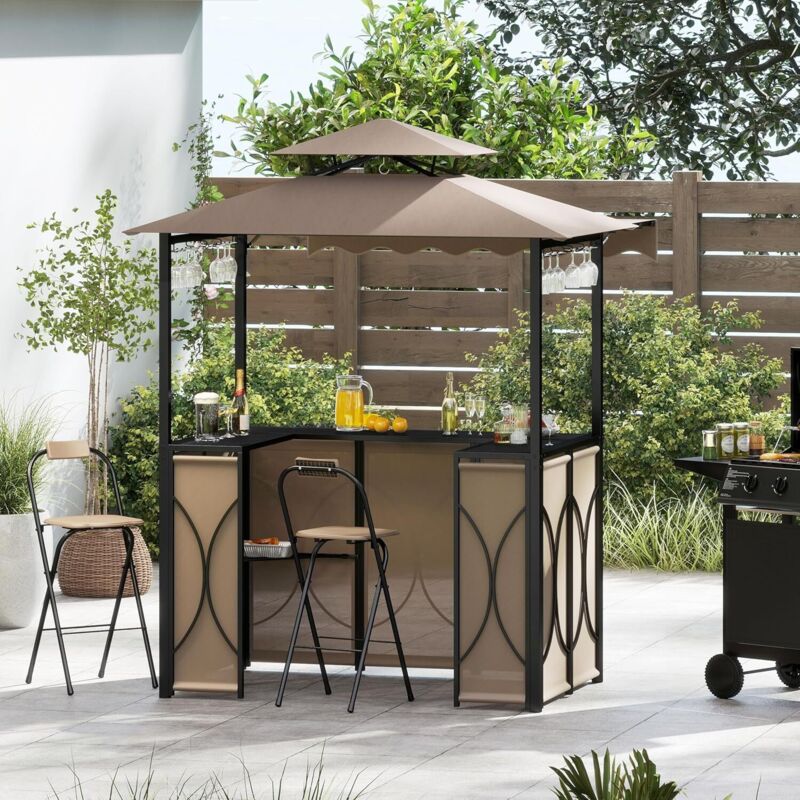 GOPLUS 4 Pcs Ensemble Salon de Bar, Abri Barbecue Jardin Exterieur avec Auvent Latéral, Table de Bar, 2 Tabourets Pliants, Crochet et 4 Rangées