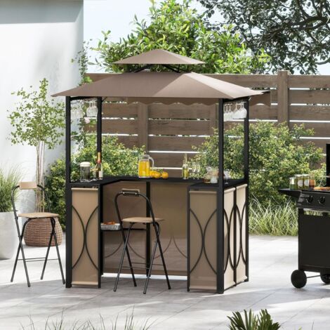 GOPLUS 4 Pcs Ensemble Salon de Bar, Abri Barbecue Jardin Exterieur avec Auvent Latéral, Table de Bar, 2 Tabourets Pliants, Crochet et 4 Rangées Porte-Verres (CaféAuventChaises)