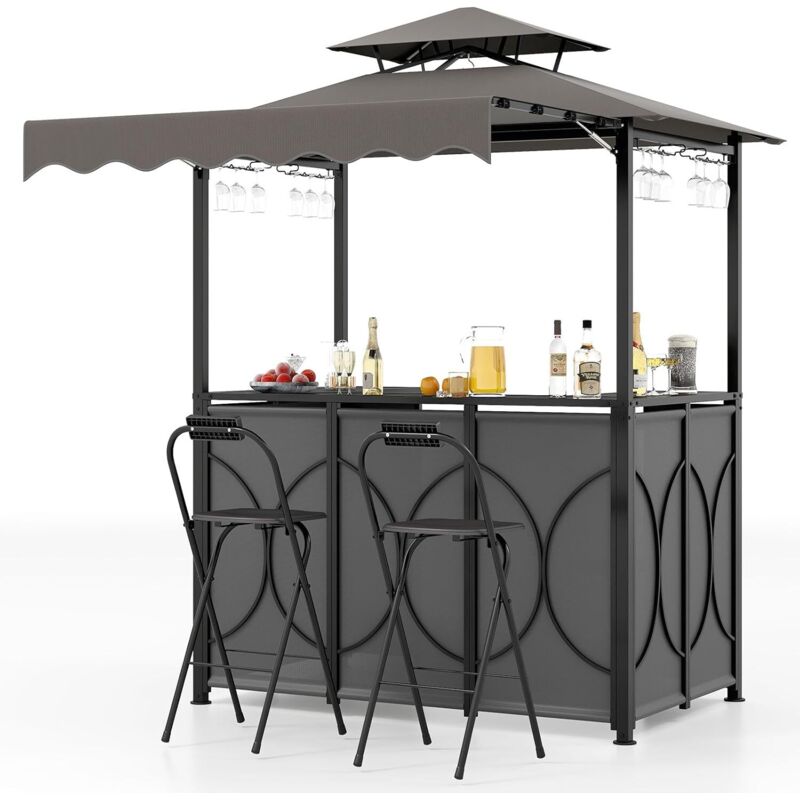 GOPLUS 4 Pcs Ensemble Salon de Bar, Abri Barbecue Jardin Exterieur avec Auvent Latéral, Table de Bar, 2 Tabourets Pliants, Crochet et 4 Rangées