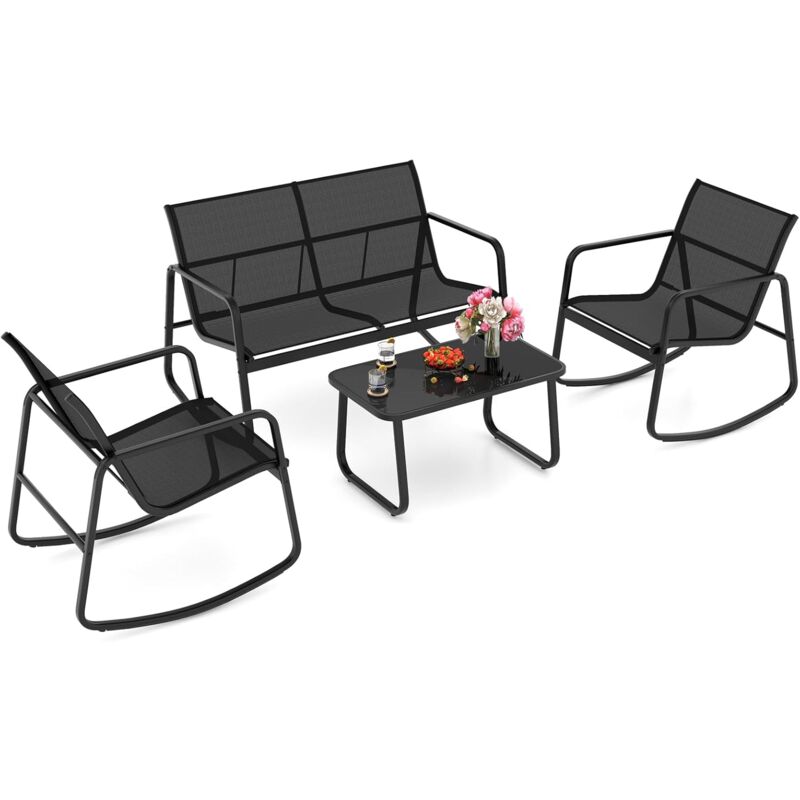 4 Pièces Ensemble Bistro à Bascule-1 Canapé/2 Chaises à Bascule/Table Basse en Verre pour Porche/Balcon - Goplus