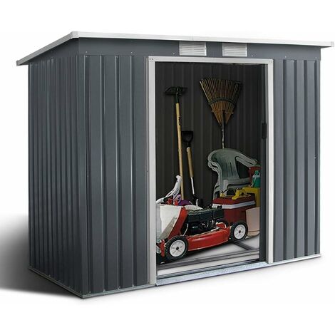 GOPLUS 4.8m³ Abri de Jardin en Metal avec Base- 213x130x173CM-2 Portes Coulissantes et 2 Fenetres,Cabane de Rangement à Outils, Gris