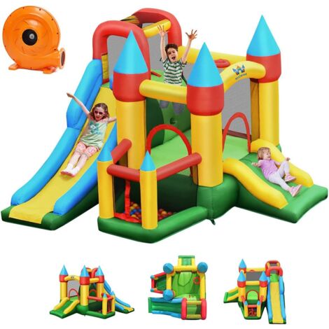 GOPLUS 5 in 1 Castello Gonfiabile con Compressore 780 W, 2 Scivoli, Trampolino, Piscina di Palline e 60 Palline Grande per 3 Bambini 3-10 Anni, in Tessuto Oxford,Portata di 135 kg, 330x300x210 cm