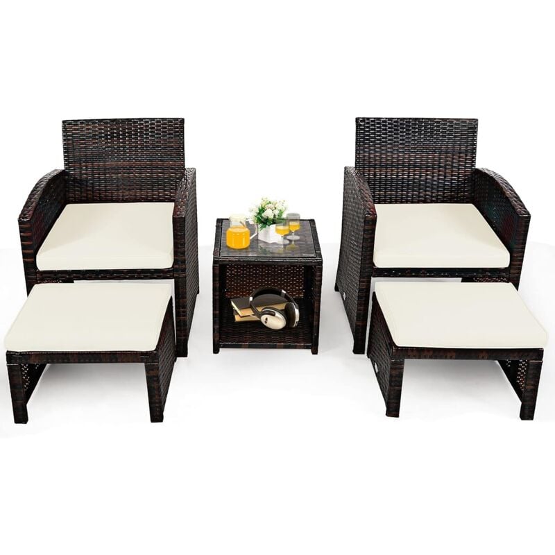 Salon de Jardin 5 Pièces-2 Personnes-en Rotin Tressé-2 Chaises&2 Tabourets avec Coussins/1 Table Basse-Plateau en Verre,Blanc - Goplus